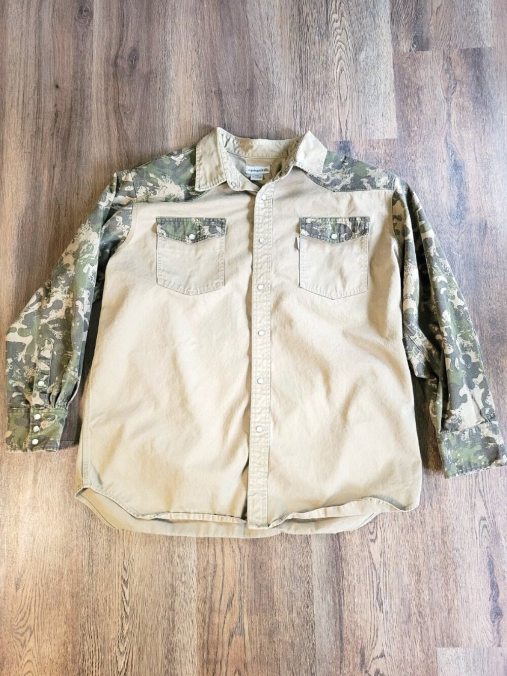 Carhartt Pearl Snap Shirt Mens 2XL Thick Twill Long Sleeve Workwear Tan & Camo